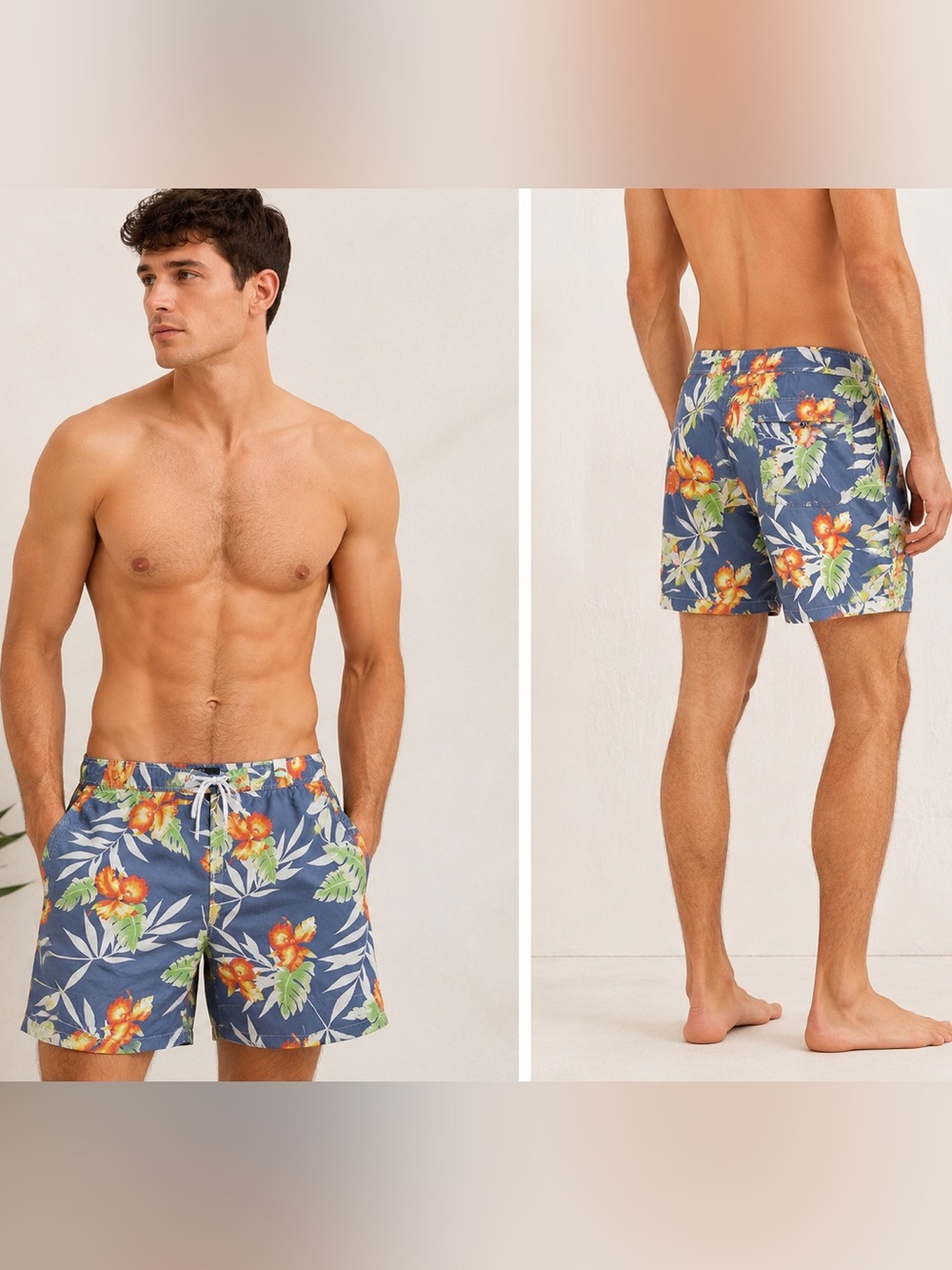 Vince Tropical Floral Swim Trunks Board Shorts Blue Hawaiian Print Size 36